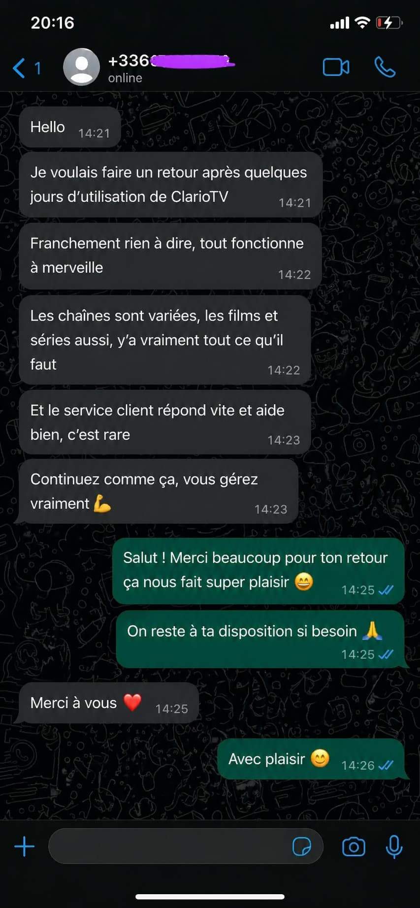 Conversation WhatsApp — client satisfait : "Ah oui il est parfait, très commercial"